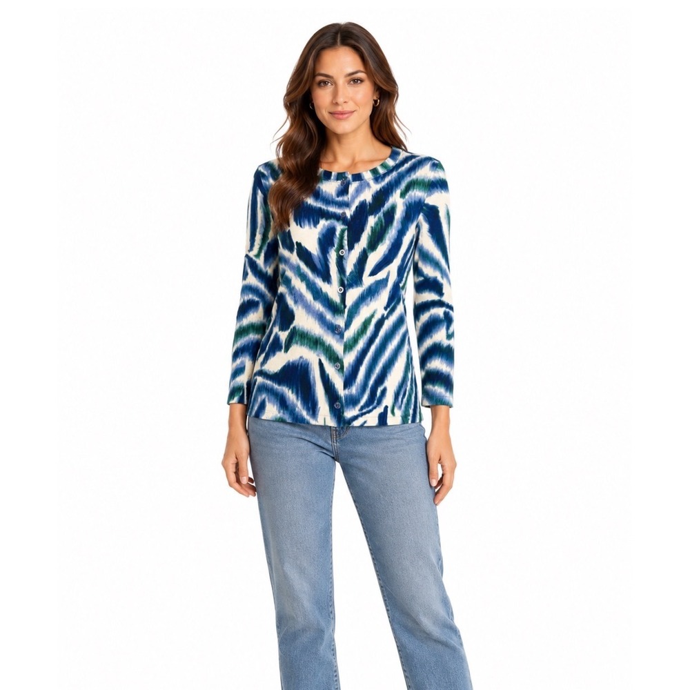 Rafaella Zebra Print Button Cardigan Sweater M Blue White Cotton Artsy Casual